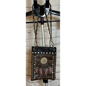 Western Dreamcatcher Embroidered Crossbody Bag Brown Black‎ Studded Rhinestone